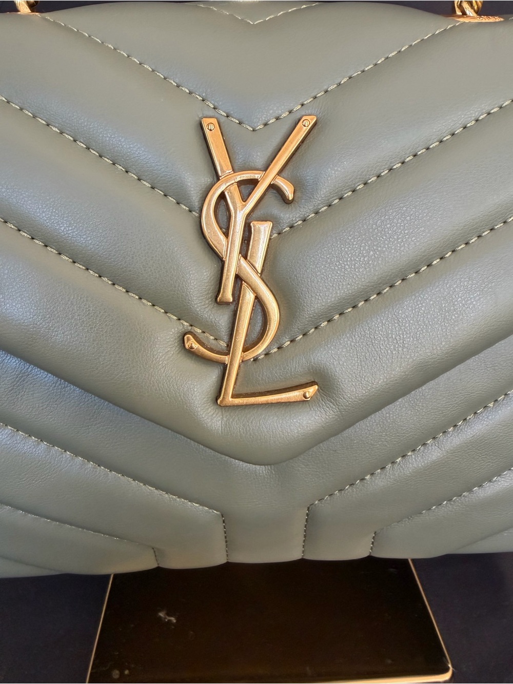 Quilted Chevron Shoulder Bag in Olive Green with Gold Hardware - Picture 2 of 11